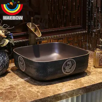 

Antique Dragon Stamp Square Countertop Art Lavabo Ceramic Sink Bathroom Basin