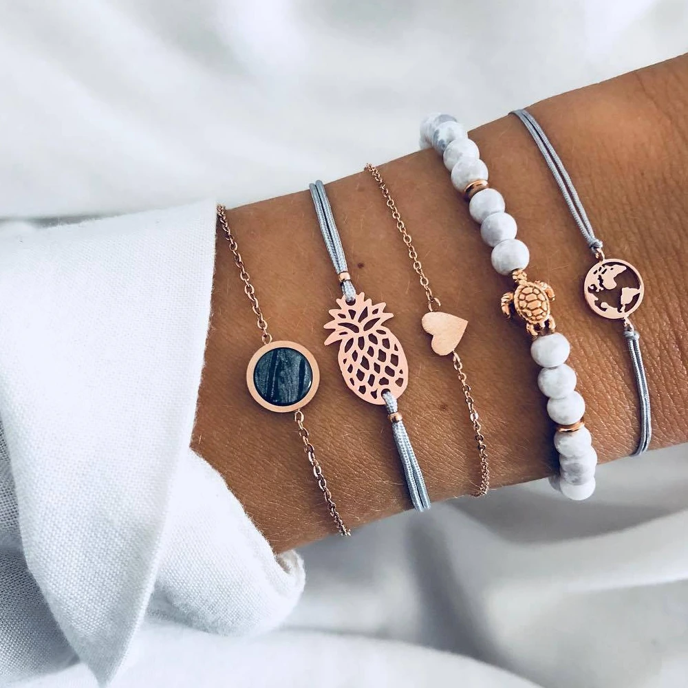 

Bohemian Turtle Pineapple Heart Map Charm Gold Bracelets Bangles For Women Fashion Beads Strand Bracelets Sets Jewelry Gifts