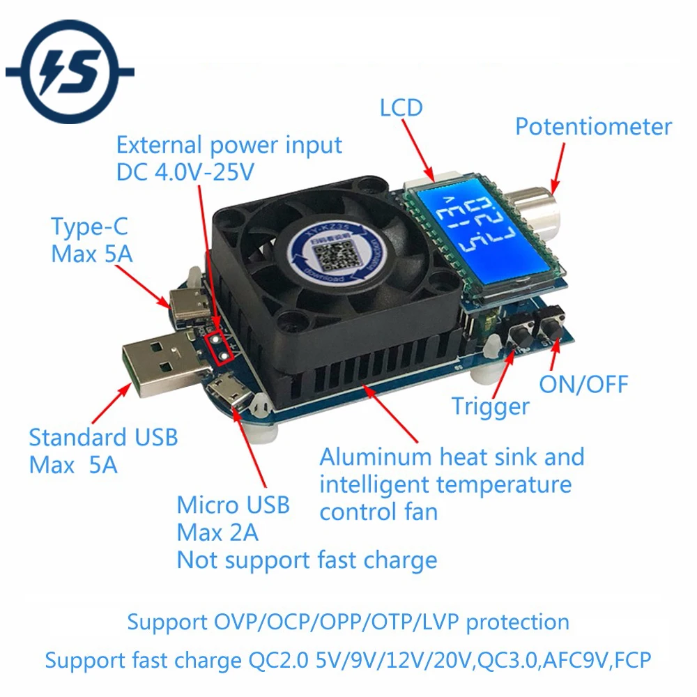 

DC Electronic Load Tester 35W 5A Adjustable USB Intelligent Protection Aging Resistor Discharger Voltage Current Power Battery