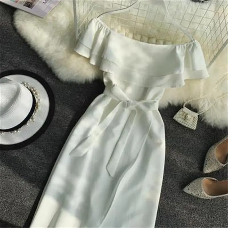 Летнее женское элегантное однотонное платье с оборками и вырезом лодочкой, женское платье с завышенной талией, тонкие платья с открытыми плечами Y02 - Цвет: Белый