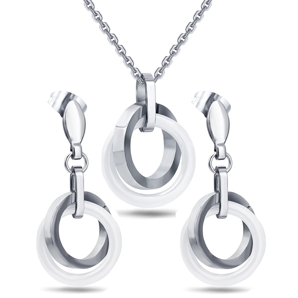 Женское ожерелье и серьги, ювелирный набор, белый круг, керамический и круглый, нержавеющая сталь, ювелирные аксессуары