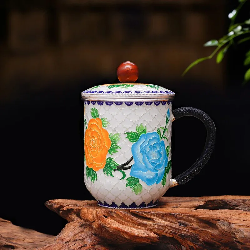

Mug Cup Pure Silver 999 Flowers open Rich Handicraft Enamel Teapot Cloisonne Tea Cup