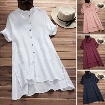 

New Womens Summer Shirt Dress Boho Beach Cotton Casual Solid Kaftan Basic Tunic Midi Dress Plus Size Party Dress Vestidos