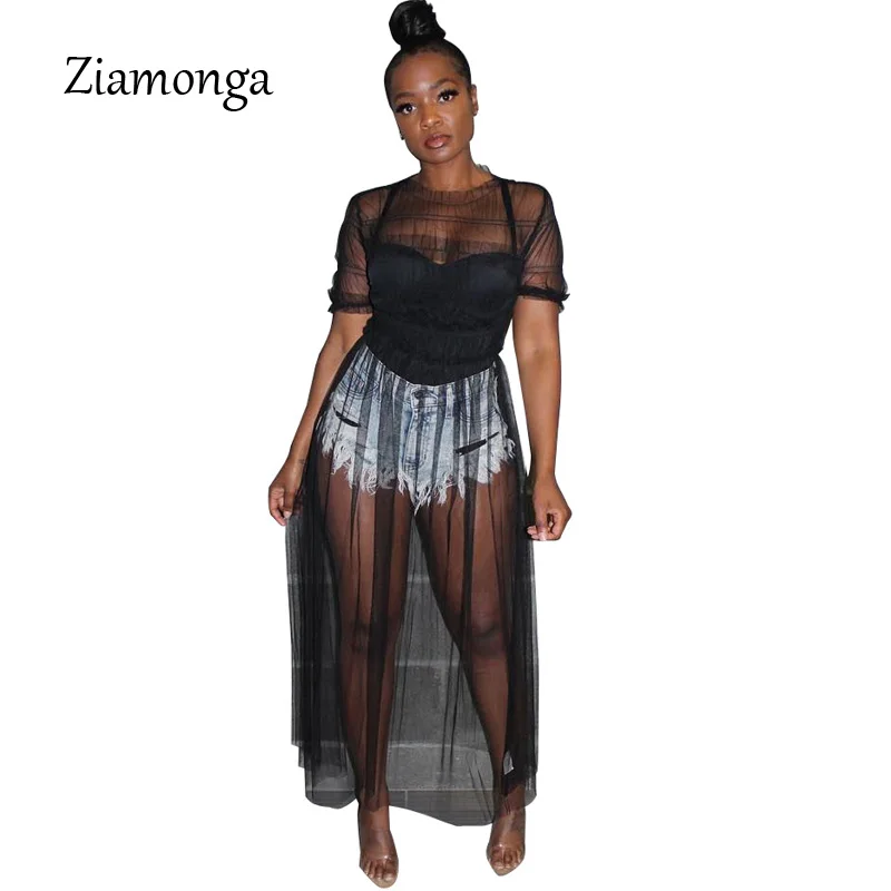 

Ziamonga Perspective Mesh Dress Ruffles Strap 2019 Summer Style Dress Women Lady Fashion Sexy Casual Bandage Long Maxi Dresses
