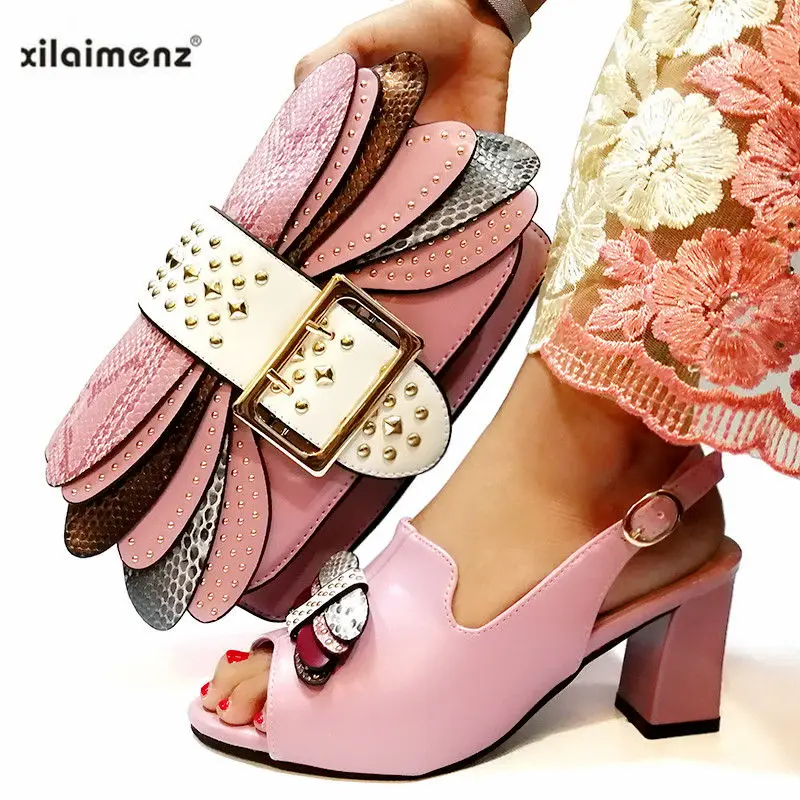 

Summer Pink Color Pu Leather Nigerian Special Arrivals Shoes And Bag Set Italian Women Matching Shoes And Bag Set for Party
