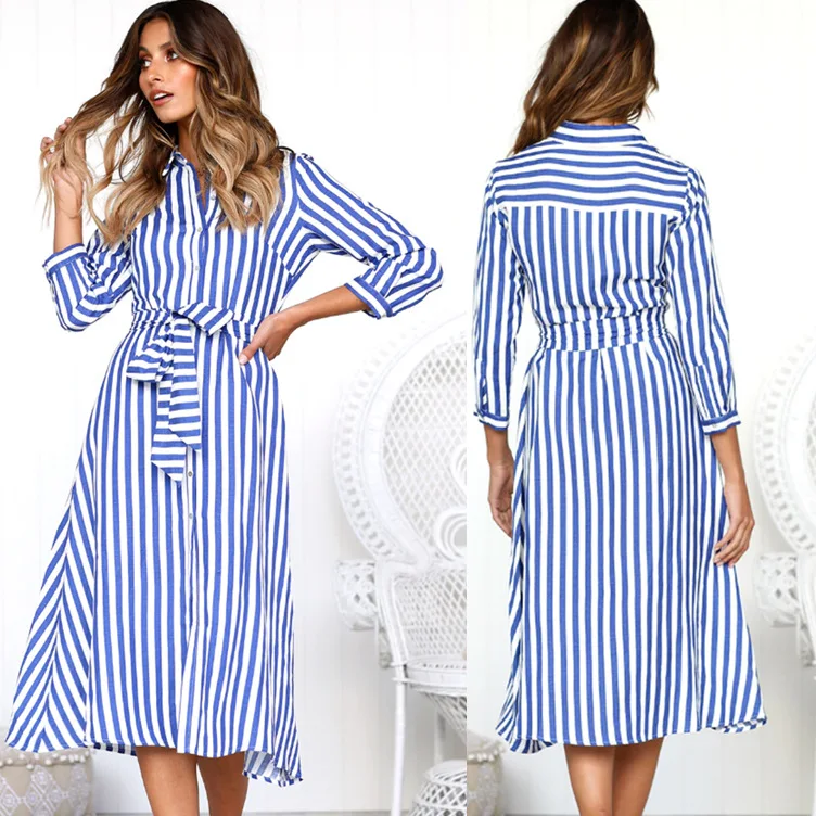 

European and American New Belt Vertical Striped Slimming Medium Dress