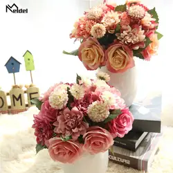 Meldel свадебные букет искусственного шелка Роза Пион 7 цветок с головками розовый букет невесты DIY Выходные туфли на выпускной бал Свадебные