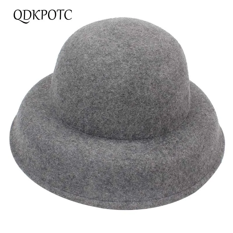 

QDKPOTC 2018 New Women Fedoras 100% Wool Felt Bucket Hat Black Dome Autumn Winter Bell Shape Fedora Hats