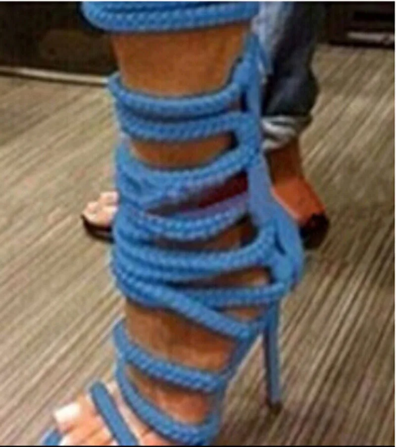 sapato feminino/женские сандалии-гладиаторы; новые летние сандалии на высоком каблуке с перекрестными ремешками; модные женские туфли-лодочки с вырезами - Цвет: Синий