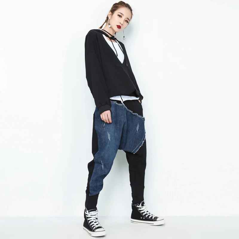 [EAM] Весенние новые модные джинсовые брюки с узором, эластичная талия, свободные женские брюки YC22301