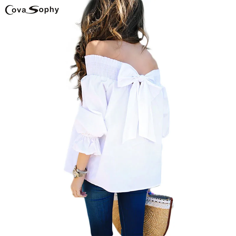 Image Cova Sophy 2017 Women Autumn Fashion Shirts Three Quarter Bow White Slash Neck Off Shoulder Tops Sexy Puff Sleeve Blouses