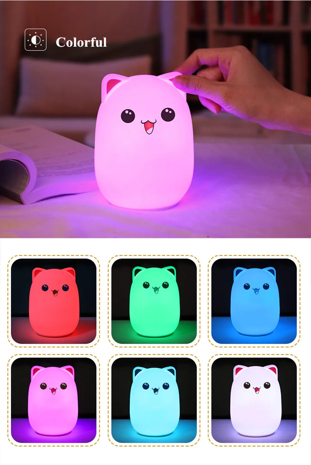 Colorful LED Night Light Lovely Silicone Cartoon Bear Rechargeable Touch Desk Bedroom Decor Tablet Lamp for Kids Girl (4)