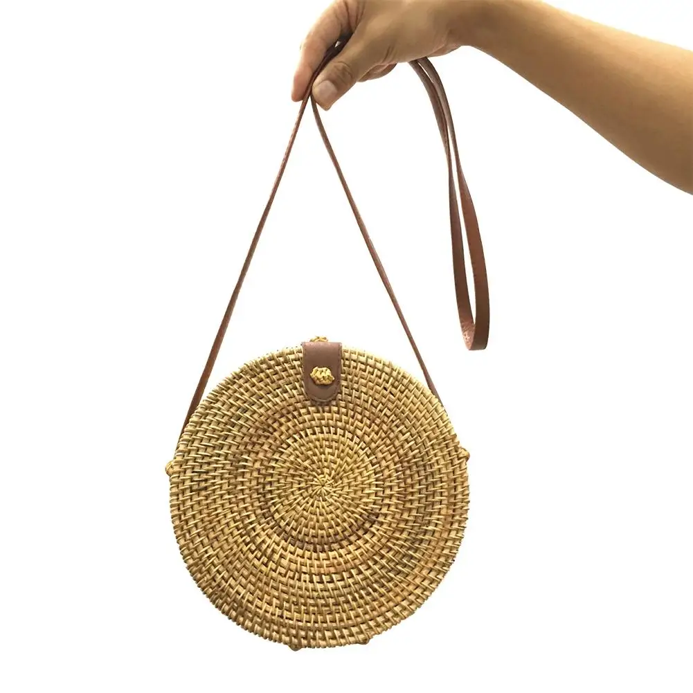

Retro Rattan Woven Bag Circular Beach Bag Natural Fashion Outdoor Dual-Purpose Travel Sling Bag Crossbody Bag Brand New