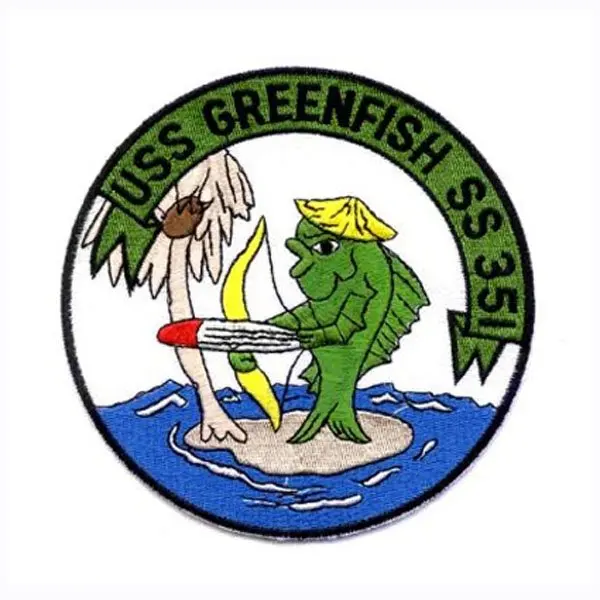 

High Quality USS GREENFISH Emblem Made by Twill with Merrow Border and PVC Backing 100pcs/Plastic Bag MOQ50pcs Free Shipping