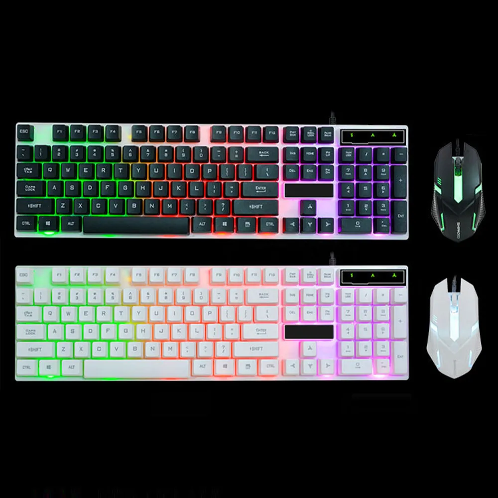 LED Rainbow Color Backlight Adjustable Gaming Game USB Wired Keyboard Mouse Set 