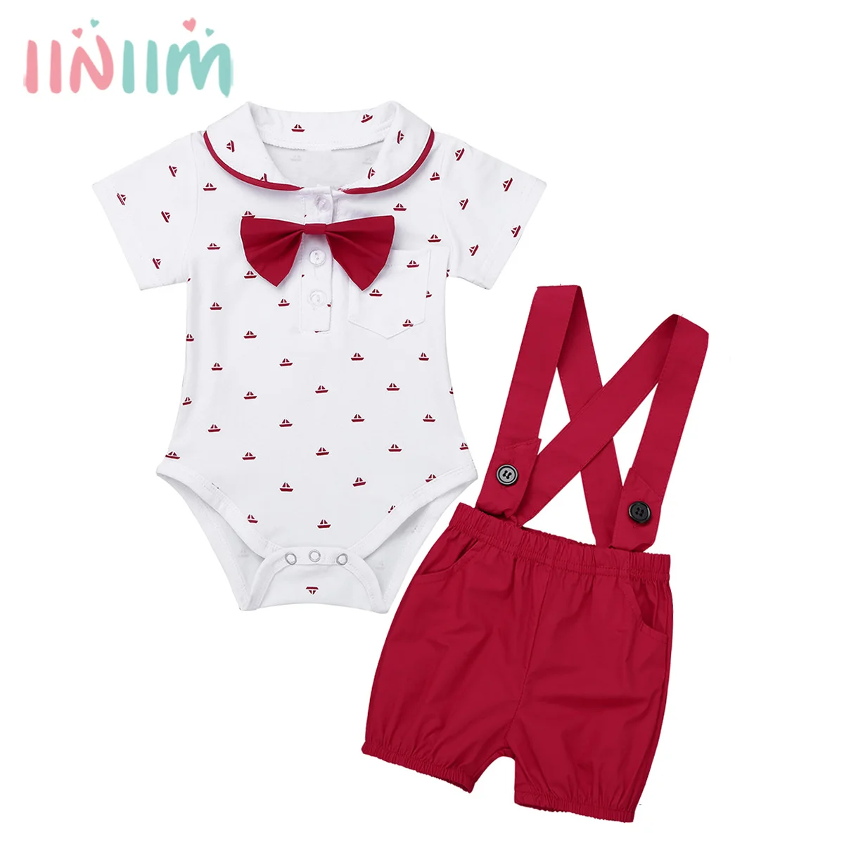 

iiniim Infant Baby Boys First Birthday Outfit Clothing Set Lapel Bowtie Romper Jumpsuit with Suspender Shorts for Weeding Party