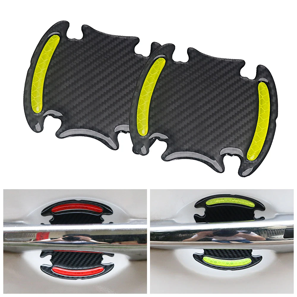

4pcs Reflective Car Door Handle Protection Film 3D Carbon Fiber Sticker Warning Scratches Resistant Cover Universal Car Tuning