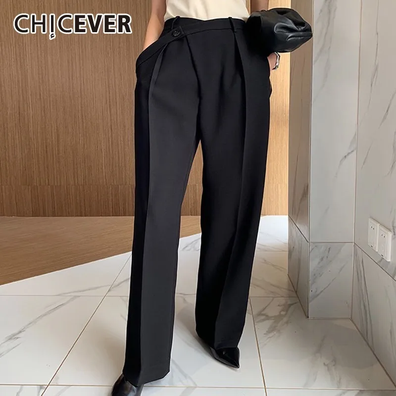 CHICEVER Summer Elegant Solid Women Pant High Waist Irregular Button Fly Pockets Pleated Slim Regular Female Straight Pants