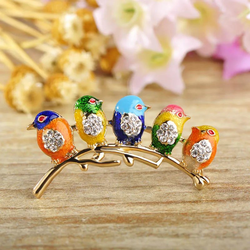 Blucome Vivid Colorful Enamel 5 Birds Brooches For Women Kids Gold Color Crystals Broches Scarf Dress Suit Shoulder Hat Brooches