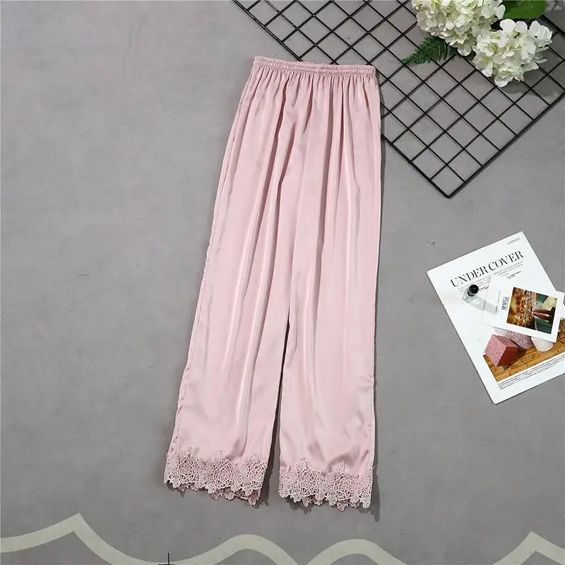 Бургундия стиль женские длинные брюки весна лето повседневная шелковистая Домашняя одежда сна Пижама банные брюки M-XL - Цвет: Розовый