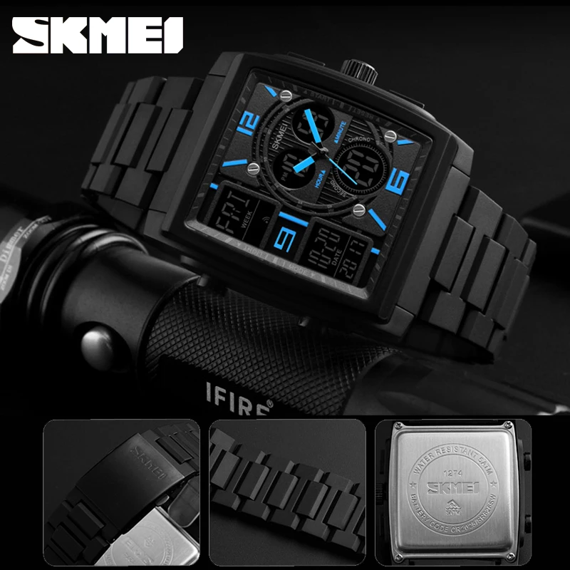 SKMEI 1274 Luxury Military Men Watch Relogio Stainless Steel Casual Digital Wristwatches Square Sport Electronic Watch Masculino