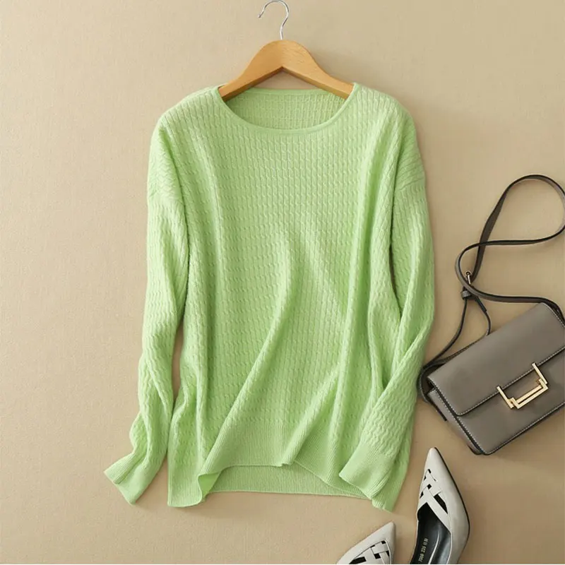 100 кашемировые свитера для женщин s Весна женский свободный пуловер вязаный в рубчик с круглым вырезом и длинным рукавом Зеленые женские свитера и пуловеры