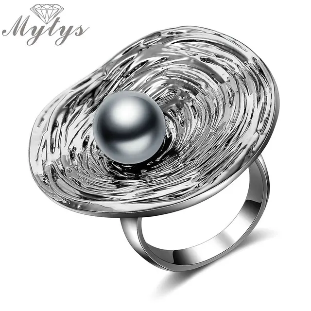 Mytys Big Round Ring for Women Retro Geometric Shinning Silver Color Black Pearl Mytys Big Round Ring for Women Retro Geometric Shinning Silver Color Black Pearl