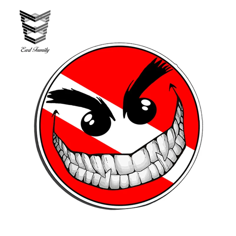 

EARLFAMILY Evil Smiley Happy Face Scuba Dive Sticker Vinyl Decal with Flag Face for Tank Gear Bag Graphic Diver Car Truck Boat