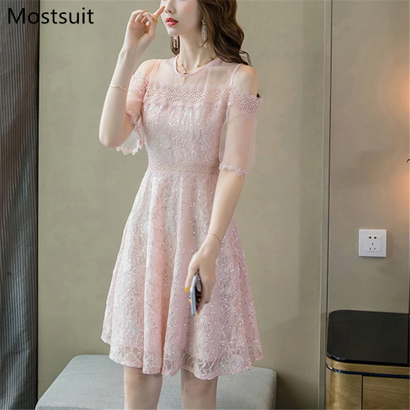 Pink Beige Tunic Short Sleeve Shiny Sequin Lace Dress Women Plus Size Summer 2019 Elegant Shoulder Open Pleated Party Dresses | Женская