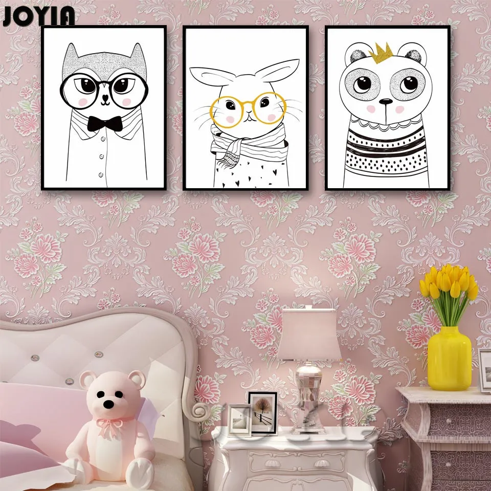 Kartun Hewan Beruang Kelinci Kacamata Wall Art Kanvas Poster Modern