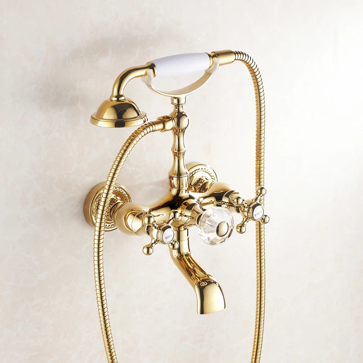 

Luxury Bathroom Wall Mounted Faucet Set Bathtub Mixer Tap gold plating with telephone hand shower