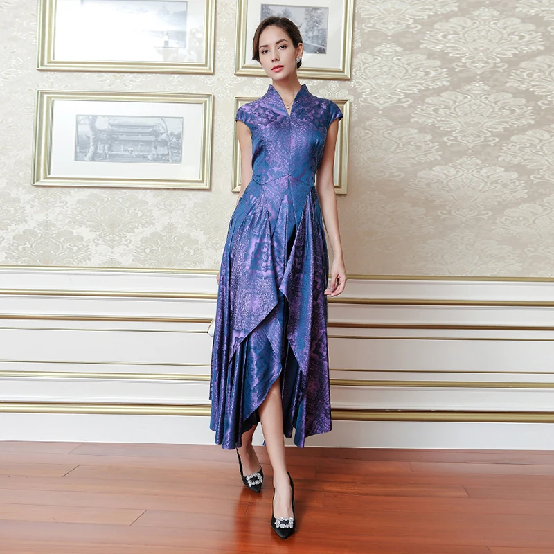 VOA осеннее модное фиолетовое тяжелое шелковое жаккардовое винтажное платье в китайском стиле с v-образным вырезом размера плюс женские узкие Макси-платья ALX11601