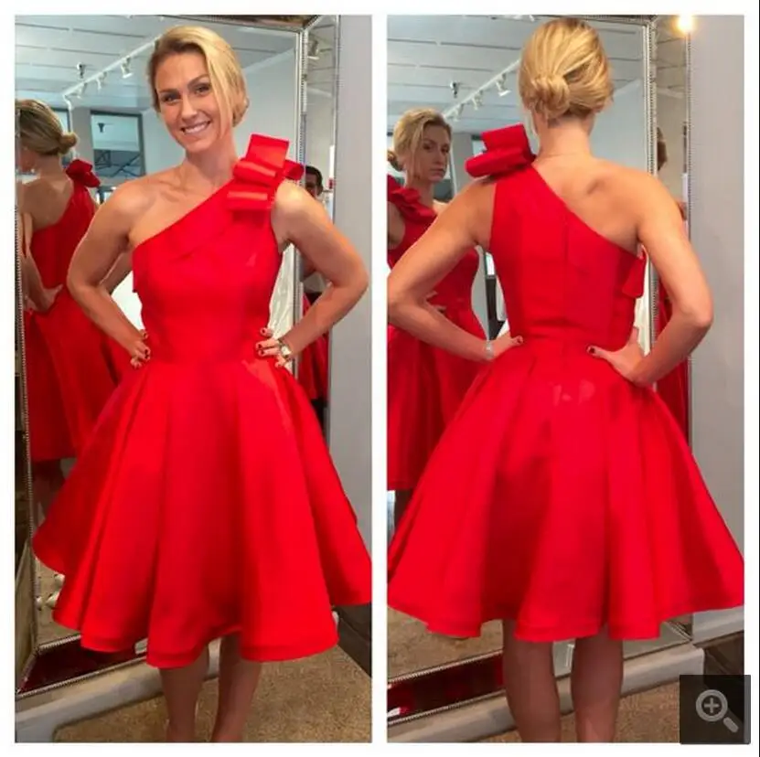 Fashion red satin short prom dresses 2017 one shoulder cheap a line