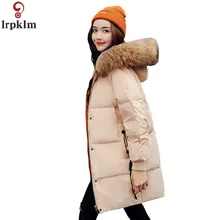 Куртка Для женщин Длинные куртки в Корейском стиле зимнее пуховое пальто свободного кроя с капюшоном пальто дамы тонкий парки большой меховой воротник карман на молнии CH591