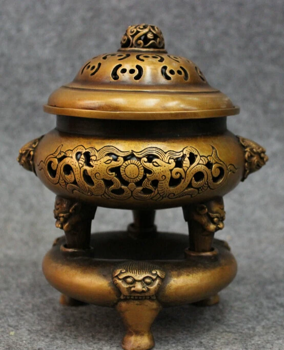 

song voge gem S4404 Folk Chinese Buddhism Bronze Dragon Lion Head Statue Tibet Incense Burner Censer