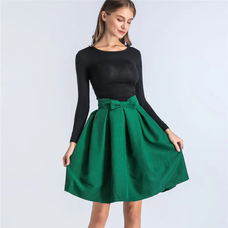 Causual Bow Pleated Women Skater Skirts Knee Length Summer High Waist Ladies Solid Ball Gown A-Line Skirt Valentine