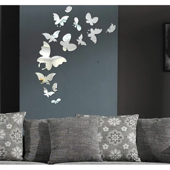 

14 butterfly combination of 3D wall stickers mirror Surface-Silver