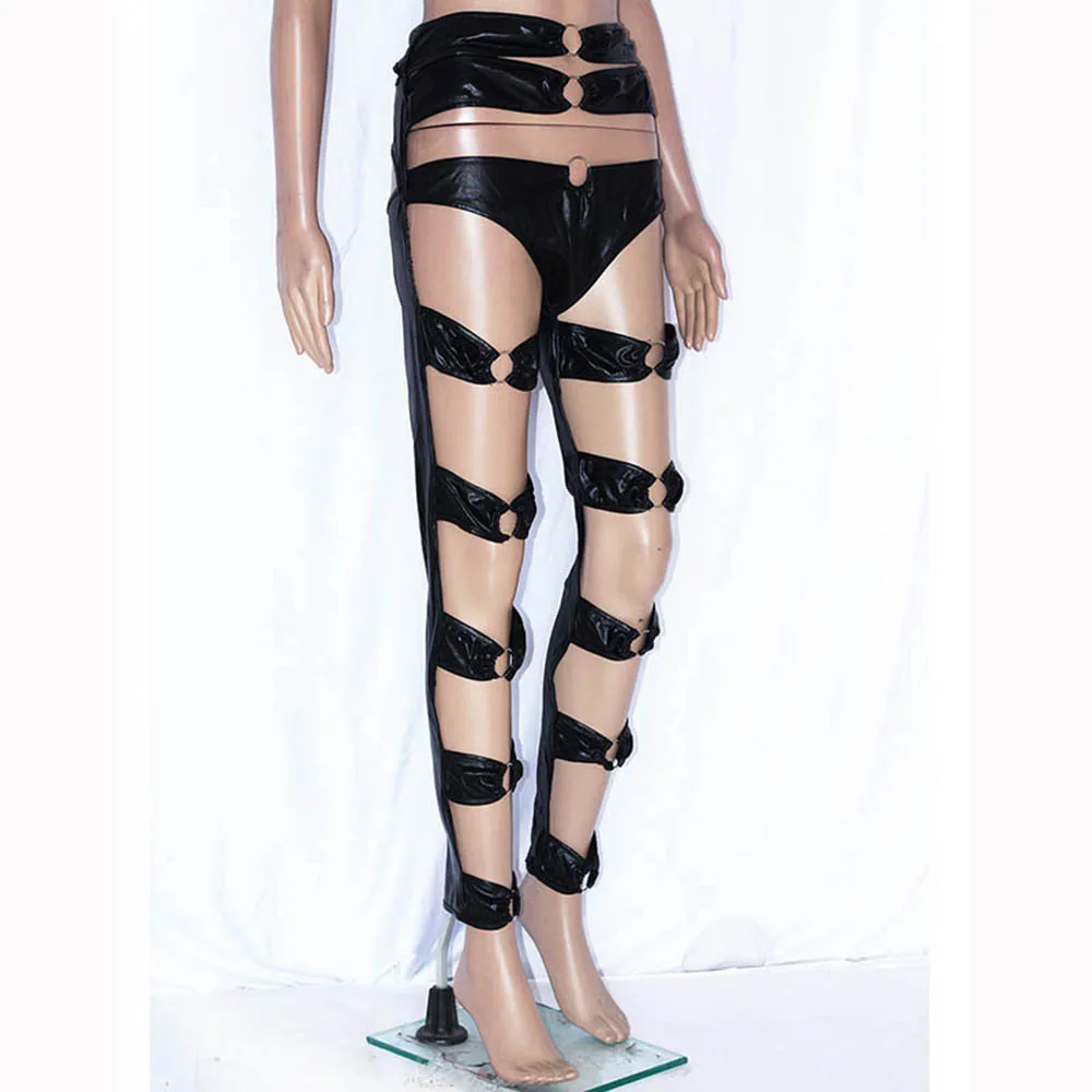 Sexy Gothic Women's Wetlook High Waist Leggings Rings Cutouts Black Vinyl Leather Pants Fetish Erotic Gogo Clubwear For Disco W850705 7.85 os (4)