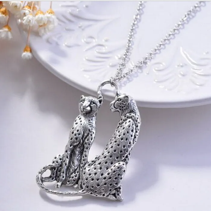

Retro Double Couple Leopard Animal Love Tibetan Pendant Long Necklace Silver