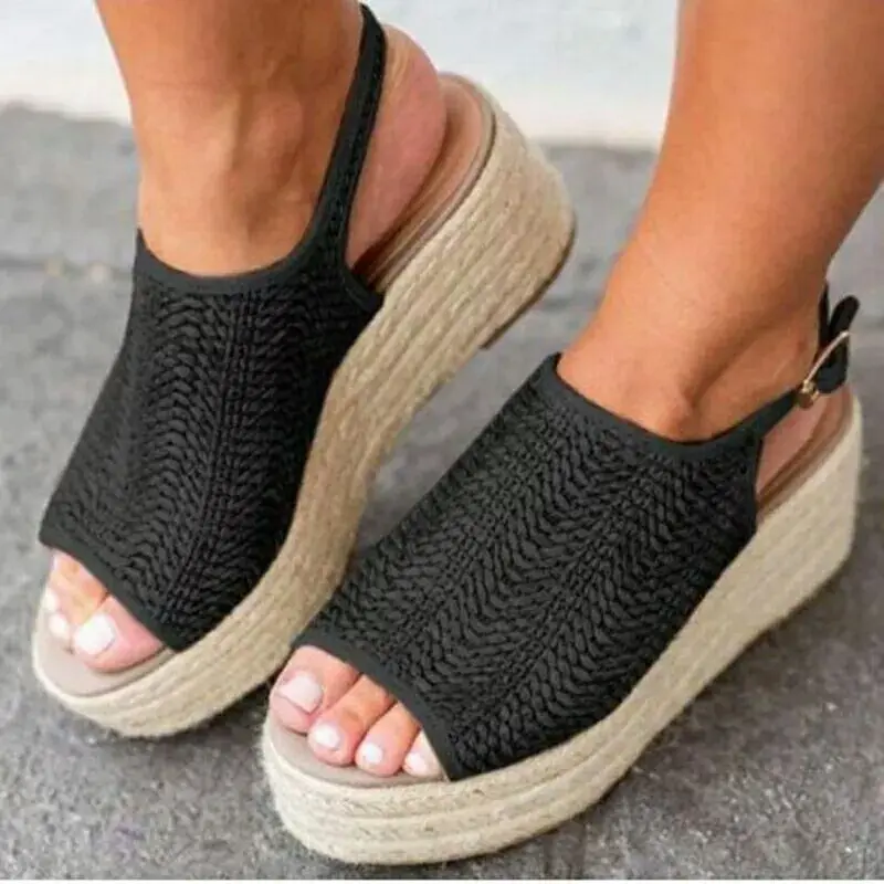 Sandalias Mujer; коллекция года; Летняя обувь; женские босоножки на платформе из пеньки; женская пляжная обувь; босоножки-гладиаторы на танкетке с открытым носком; WSH3335 - Цвет: Черный