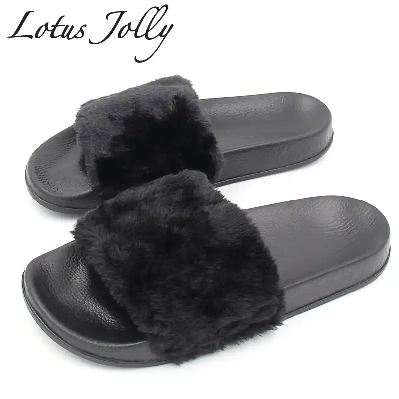 black fur flip flops