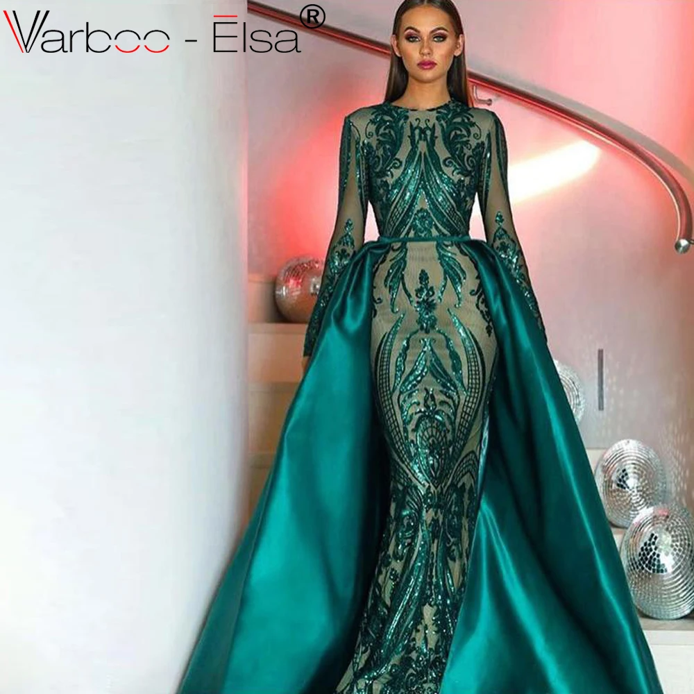 

VARBOO_ELSA Luxury Sequined Green Long Sleeve o neck Elegant Muslim Evening Dresses 2019 With Detachable Train Dubai Party Gowns