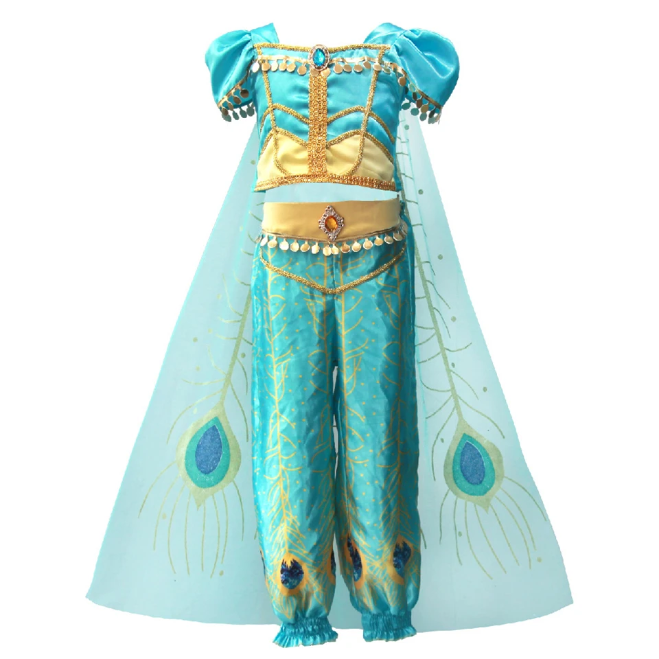 Костюм принцессы жасмин на Хэллоуин, Рождество, Год, детский индийский костюм для танца живота, детский зеленый комплект одежды с павлином