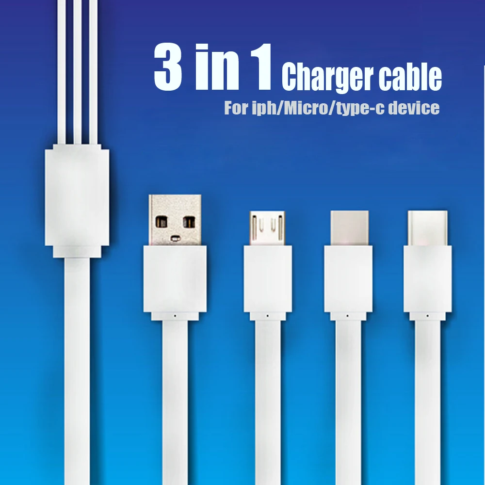 

100pcs Noodle flat 1.2M 3 in 1 Micro USB Type C 8 pin Charger Cable for iPh Cord Fast Charging Cables for Xiaomi /Android