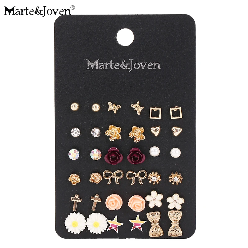

Marte&Joven 18 Pairs Assorted Multiple Studs Earring Set Women Crystal Flower/Cross/Star Studs Set of Earrings Girls Best Gifts