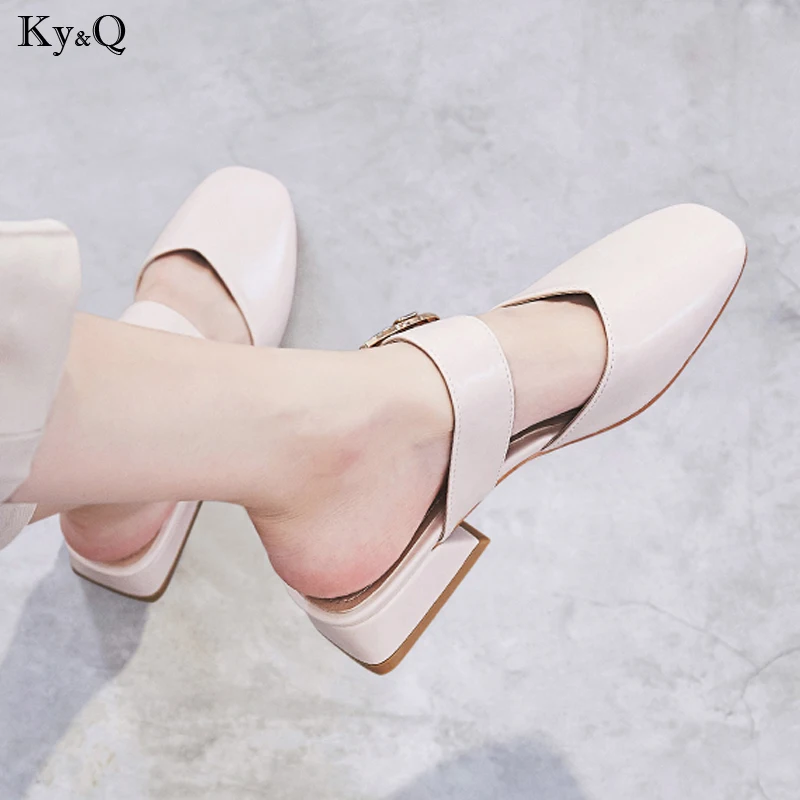 

Summer New 2019 Women's Fashion Word Buckle Baotou With Comfortable Thick Beach Mouth Shallow Casual Wild Mid Heel Slippers3-5cm