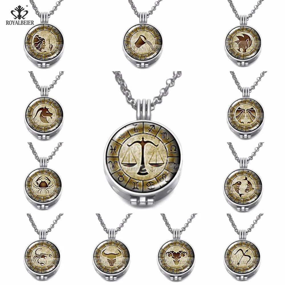 12pcs/lot Vintage Constellation &amp Zodiac Locket Pendant Necklace Perfume Fragrance Essential Oil Aromatherapy Diffuser DZ1824 | Украшения