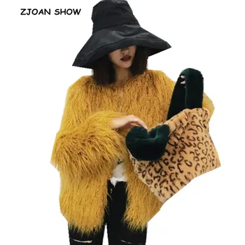 

2018 Faux Sheep Fur Coat 4 inches Long Hairy Shaggy Short Outwear Yellow New Women Autumn Winter Keep Warm Long Sleeve Coat Tops