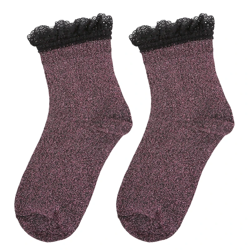 Забавные милые элегантные носки новые модные блестящие носки зимние теплые женские кружевные носки роскошные хлопковые носки с цветочным рисунком - Цвет: Dark red