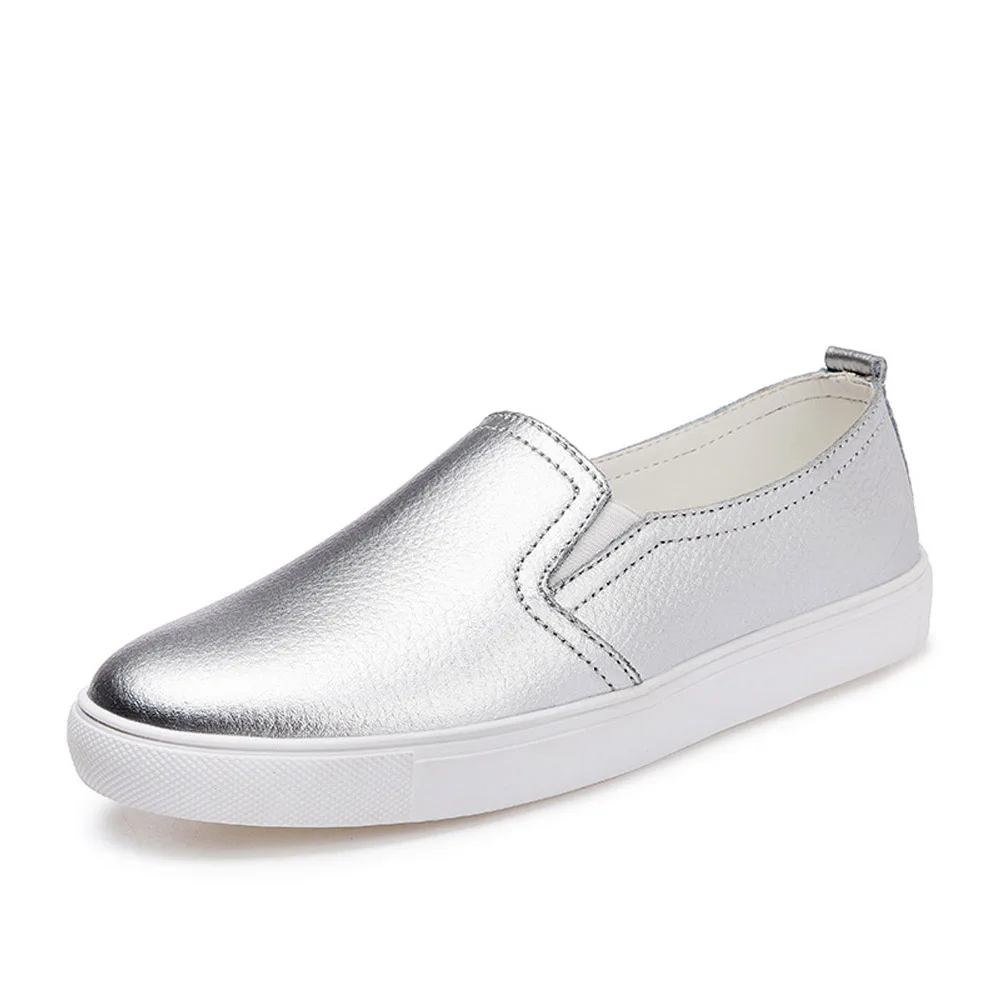 

2019 Autumn New Women Shoes Real Leather Loafers Fashion Ballet Flats Sliver White Black Shoes Woman Slip on Loafers Boat Shoes